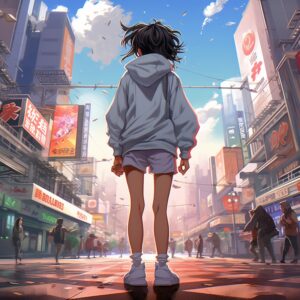 anime girl walking in the city